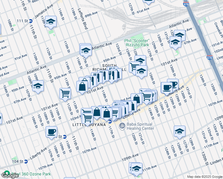 map of restaurants, bars, coffee shops, grocery stores, and more near 101-36 Lefferts Boulevard in Queens