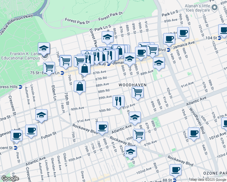 map of restaurants, bars, coffee shops, grocery stores, and more near 80-37 89th Avenue in Queens