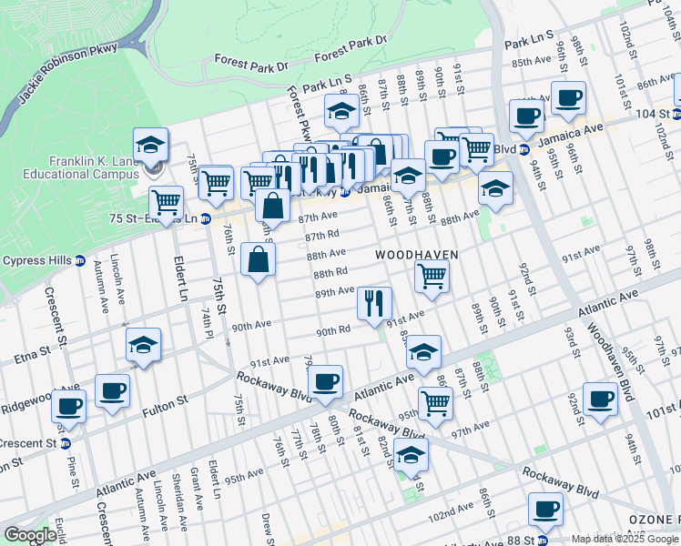 map of restaurants, bars, coffee shops, grocery stores, and more near 80-37 89th Avenue in Queens