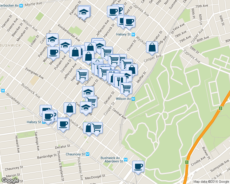 map of restaurants, bars, coffee shops, grocery stores, and more near 183 Cooper Street in Brooklyn