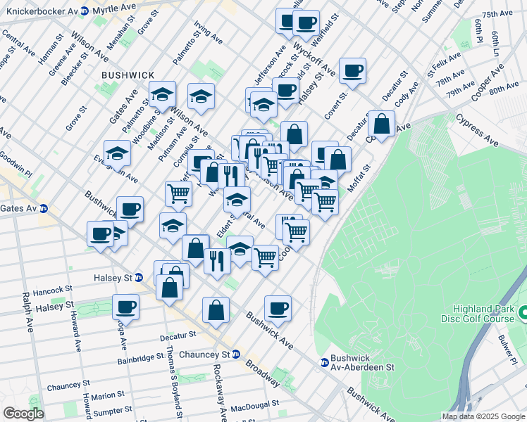 map of restaurants, bars, coffee shops, grocery stores, and more near 600 Central Avenue in Brooklyn