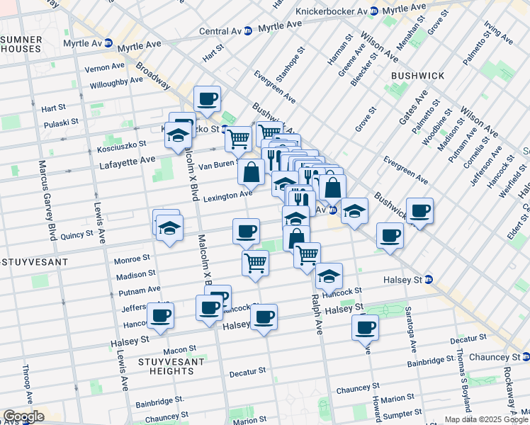 map of restaurants, bars, coffee shops, grocery stores, and more near 950 Gates Avenue in Brooklyn