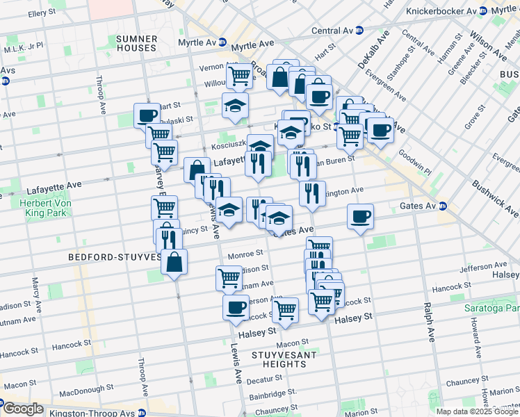 map of restaurants, bars, coffee shops, grocery stores, and more near 639 Quincy Street in Brooklyn