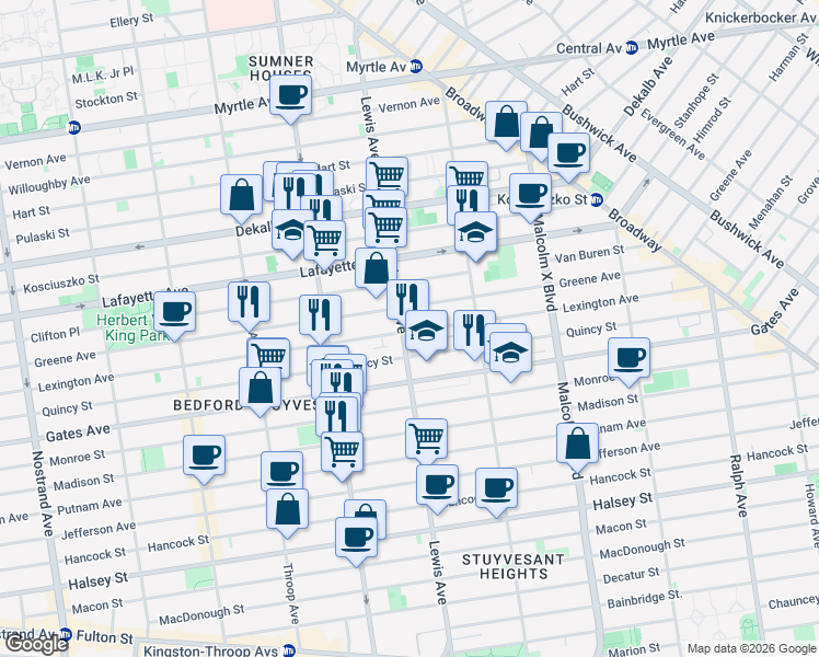 map of restaurants, bars, coffee shops, grocery stores, and more near 218 Lewis Avenue in Brooklyn