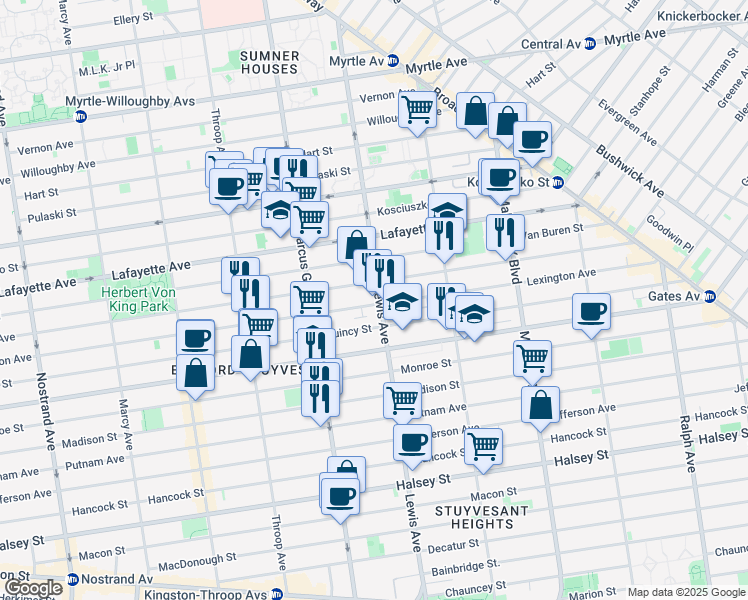 map of restaurants, bars, coffee shops, grocery stores, and more near 218 Lewis Avenue in Brooklyn