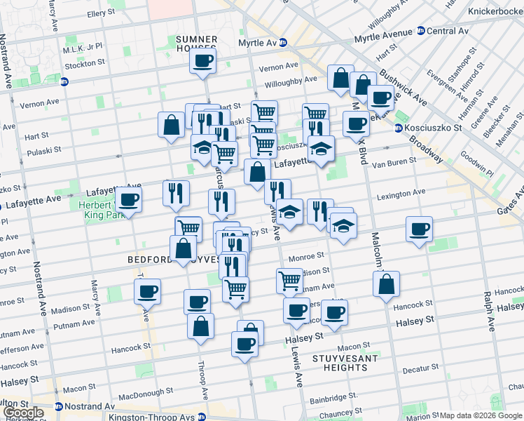 map of restaurants, bars, coffee shops, grocery stores, and more near 218 Lewis Avenue in Brooklyn