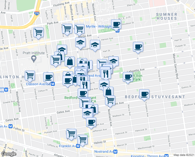 map of restaurants, bars, coffee shops, grocery stores, and more near 265 Clifton Place in Brooklyn