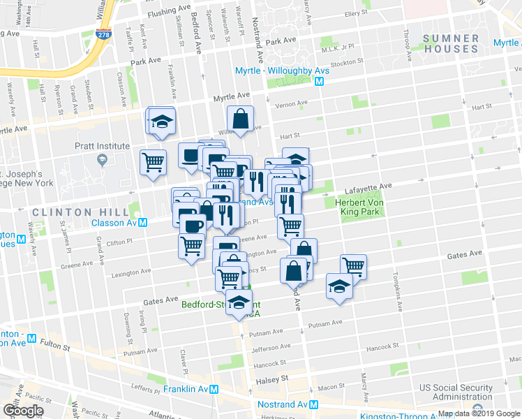 map of restaurants, bars, coffee shops, grocery stores, and more near 265 Clifton Place in Brooklyn
