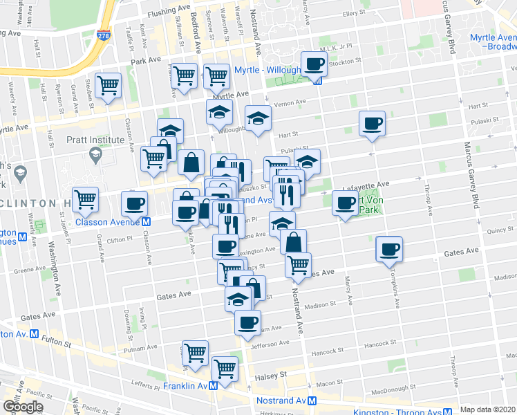 map of restaurants, bars, coffee shops, grocery stores, and more near 265 Clifton Place in Brooklyn