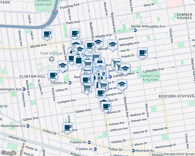 map of restaurants, bars, coffee shops, grocery stores, and more near 476 Lafayette Avenue in Brooklyn