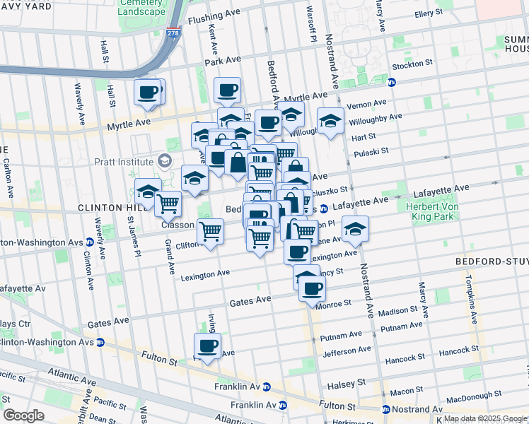 map of restaurants, bars, coffee shops, grocery stores, and more near 446A Lafayette Avenue in Brooklyn