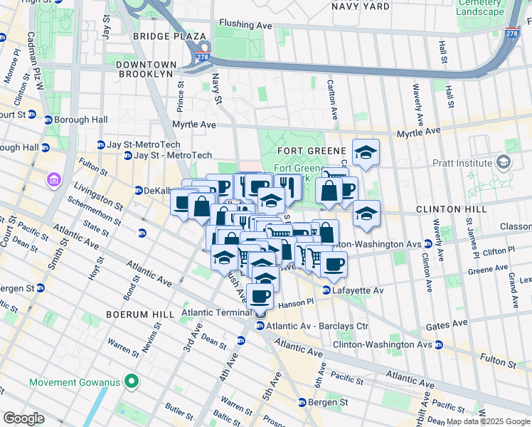 map of restaurants, bars, coffee shops, grocery stores, and more near 26 Fort Greene Place in Brooklyn
