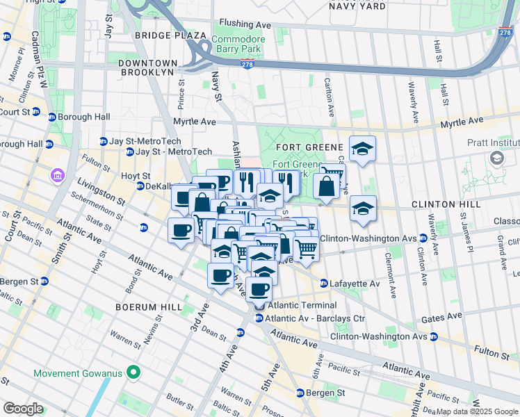 map of restaurants, bars, coffee shops, grocery stores, and more near 26 Fort Greene Place in Brooklyn