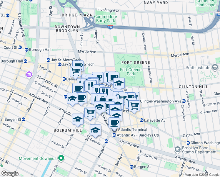 map of restaurants, bars, coffee shops, grocery stores, and more near 201 1/2 Ashland Place in Brooklyn