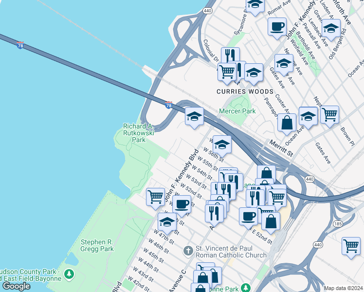 map of restaurants, bars, coffee shops, grocery stores, and more near 8 Sunset Avenue in Bayonne