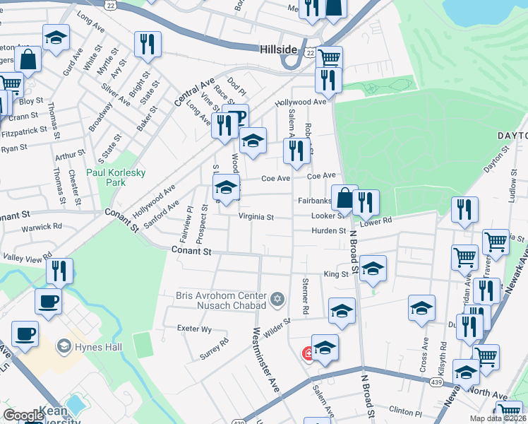 map of restaurants, bars, coffee shops, grocery stores, and more near 128 Virginia Street in Hillside