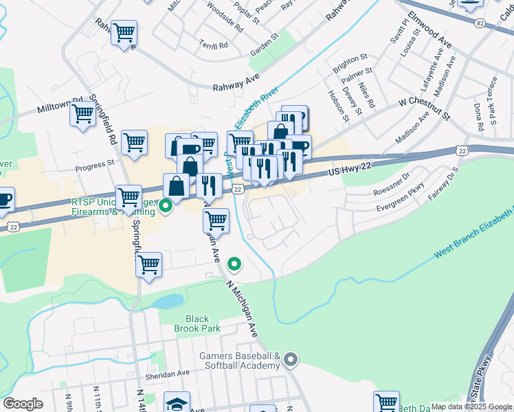 map of restaurants, bars, coffee shops, grocery stores, and more near 2340 U.S. 22 in Union