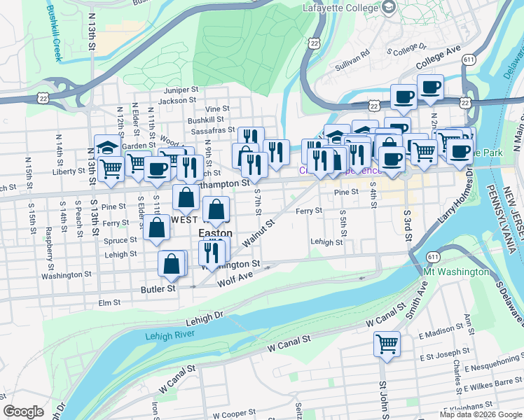 map of restaurants, bars, coffee shops, grocery stores, and more near 683 Walnut Street in Easton