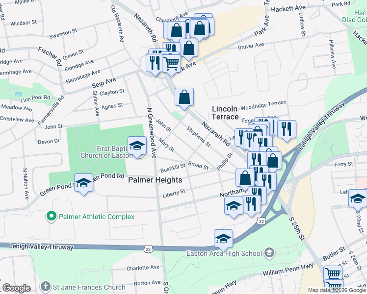 map of restaurants, bars, coffee shops, grocery stores, and more near 2711 Mary Street in Easton