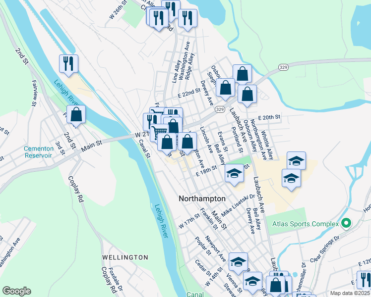 map of restaurants, bars, coffee shops, grocery stores, and more near 18 East 19th Street in Northampton