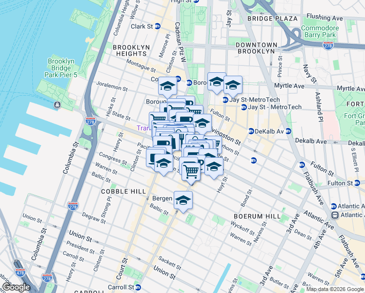map of restaurants, bars, coffee shops, grocery stores, and more near 245 Atlantic Avenue in Brooklyn