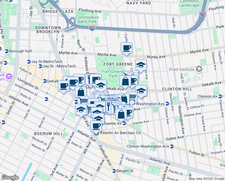 map of restaurants, bars, coffee shops, grocery stores, and more near 2 South Portland Avenue in Brooklyn