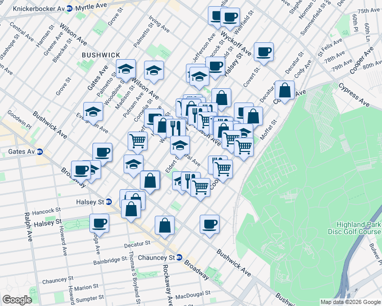 map of restaurants, bars, coffee shops, grocery stores, and more near 165 Covert Street in Brooklyn