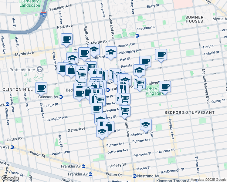 map of restaurants, bars, coffee shops, grocery stores, and more near 265 Clifton Place in Brooklyn