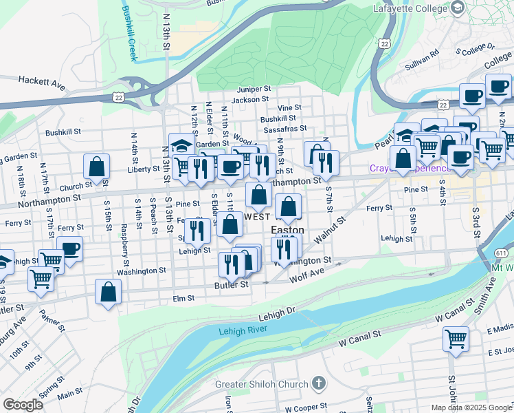 map of restaurants, bars, coffee shops, grocery stores, and more near 39 South 10th Street in Easton