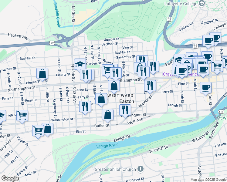 map of restaurants, bars, coffee shops, grocery stores, and more near 39 South 10th Street in Easton