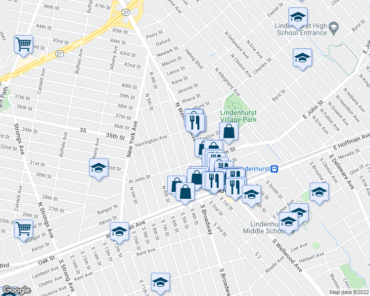 map of restaurants, bars, coffee shops, grocery stores, and more near North Broadway in Lindenhurst