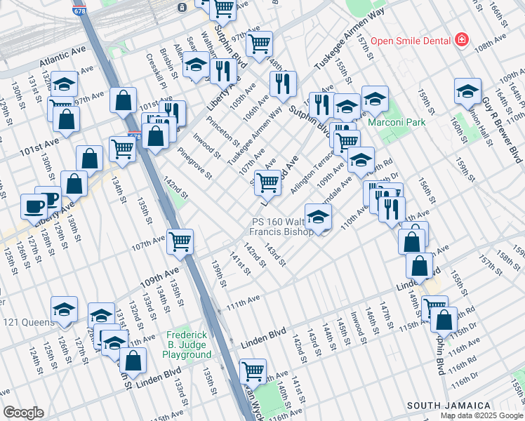 map of restaurants, bars, coffee shops, grocery stores, and more near 108-1 Pinegrove Street in Queens