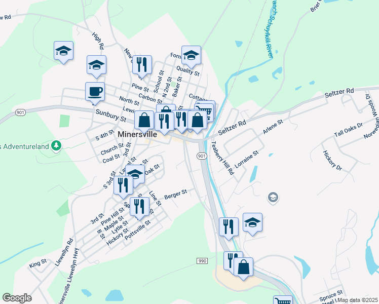 map of restaurants, bars, coffee shops, grocery stores, and more near 37 South Delaware Avenue in Minersville
