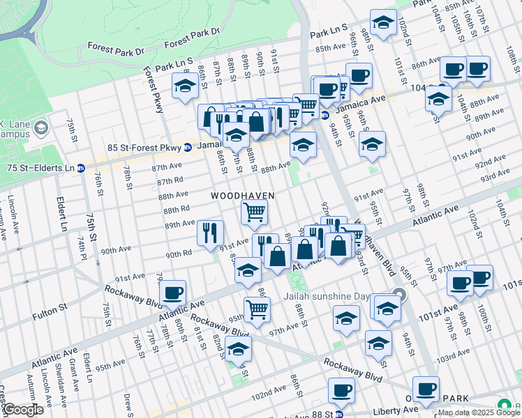 map of restaurants, bars, coffee shops, grocery stores, and more near 89-27 87th Street in Queens