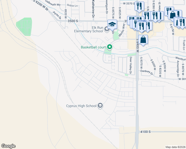 map of restaurants, bars, coffee shops, grocery stores, and more near Elk Point Drive in Magna