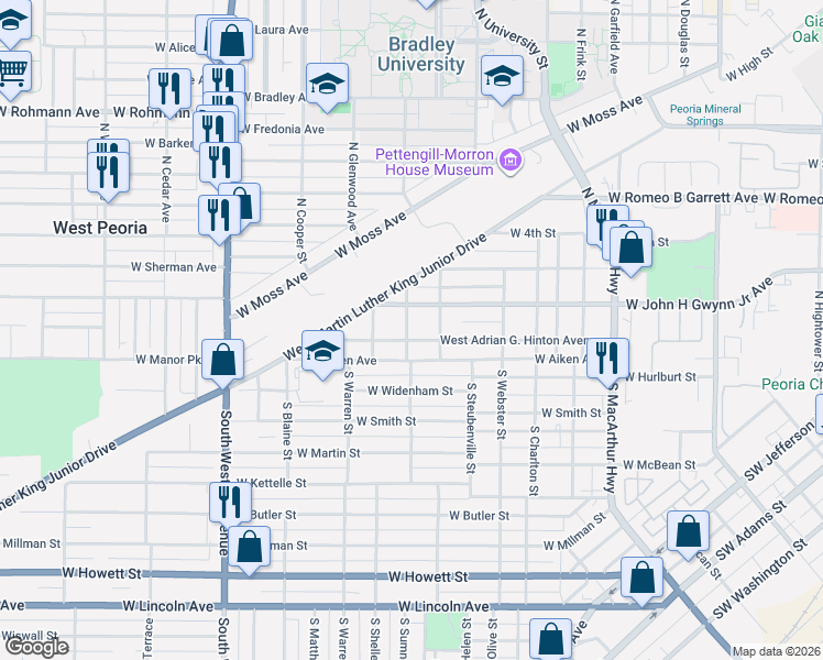 map of restaurants, bars, coffee shops, grocery stores, and more near 101-111 North DuSable Street in Peoria