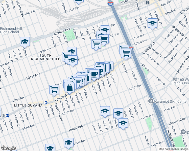 map of restaurants, bars, coffee shops, grocery stores, and more near 126-17 Liberty Avenue in Queens