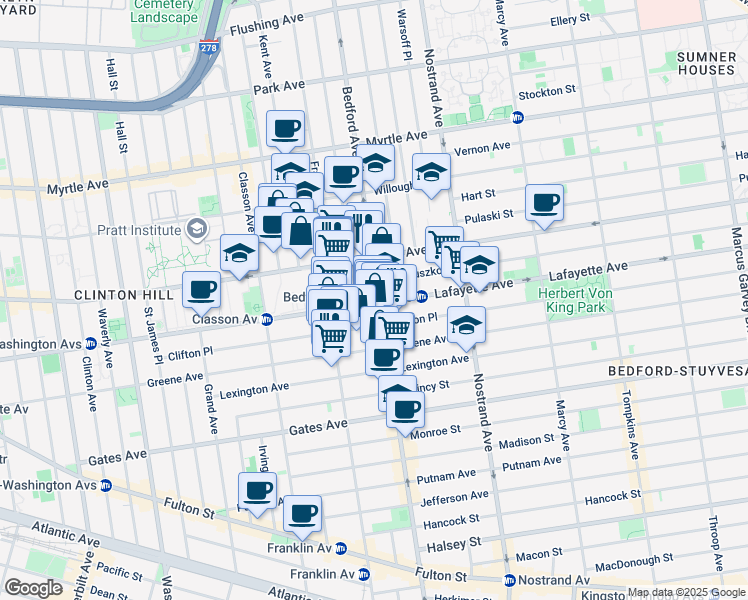 map of restaurants, bars, coffee shops, grocery stores, and more near 476 Lafayette Avenue in Brooklyn