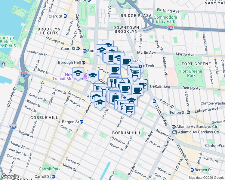 map of restaurants, bars, coffee shops, grocery stores, and more near 189 Schermerhorn Street in Brooklyn