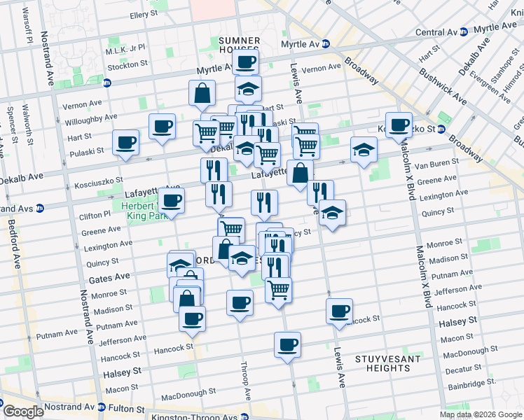 map of restaurants, bars, coffee shops, grocery stores, and more near 722 Greene Avenue in Brooklyn