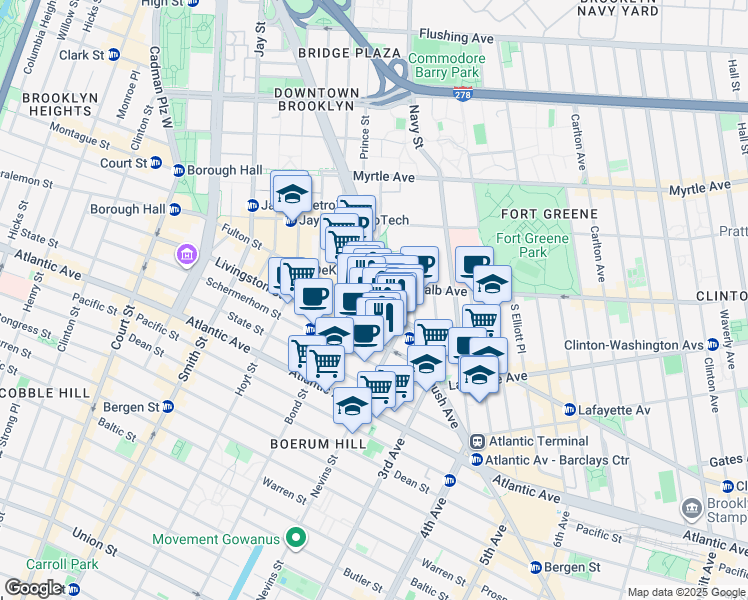 map of restaurants, bars, coffee shops, grocery stores, and more near 532 Fulton Street in Brooklyn