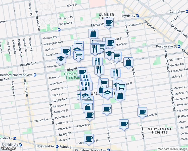 map of restaurants, bars, coffee shops, grocery stores, and more near 434 Throop Avenue in Brooklyn