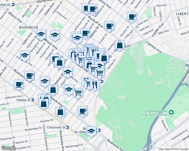 map of restaurants, bars, coffee shops, grocery stores, and more near 183 Cooper Street in Brooklyn