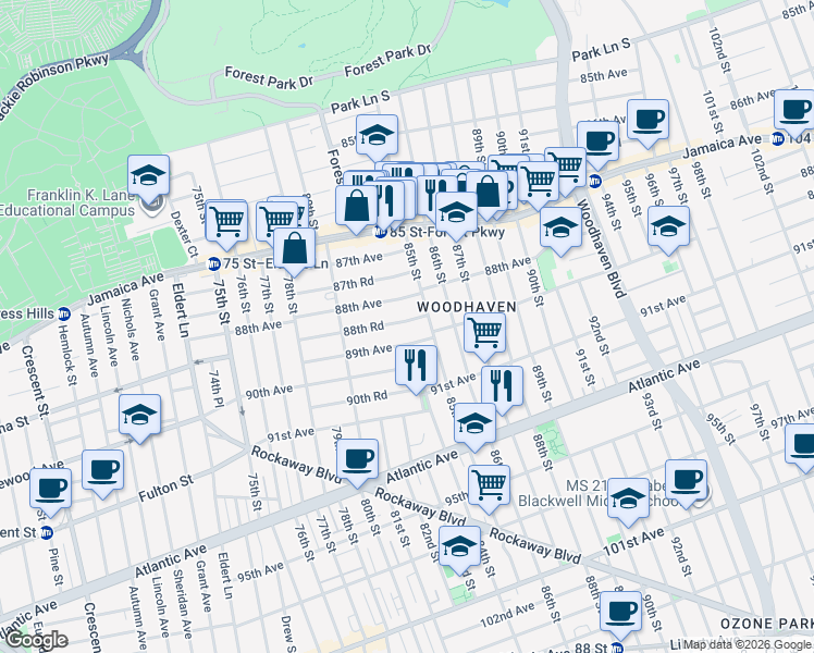 map of restaurants, bars, coffee shops, grocery stores, and more near 84-04 89th Avenue in Queens