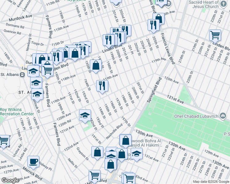map of restaurants, bars, coffee shops, grocery stores, and more near 120-21 197th Street in Queens