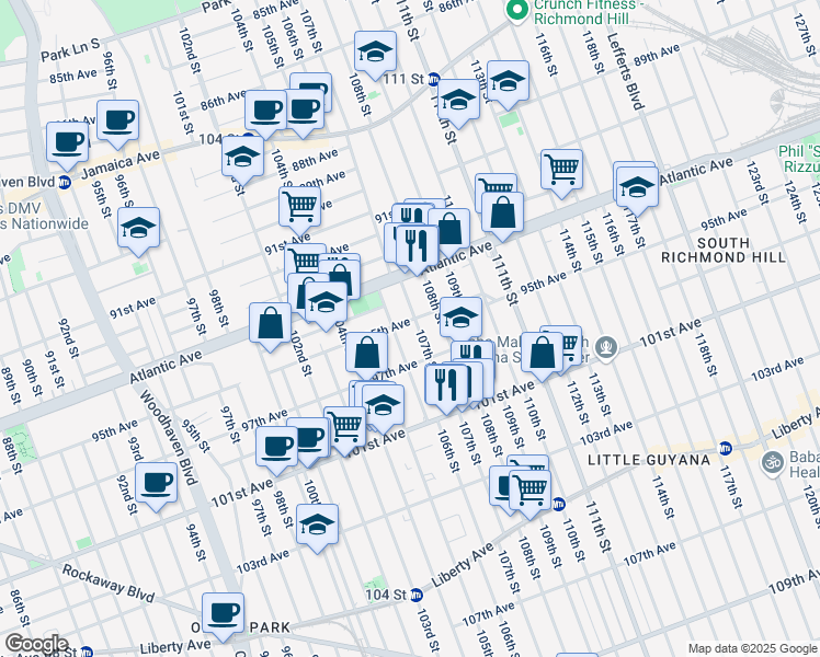map of restaurants, bars, coffee shops, grocery stores, and more near 95-26 107th Street in Queens