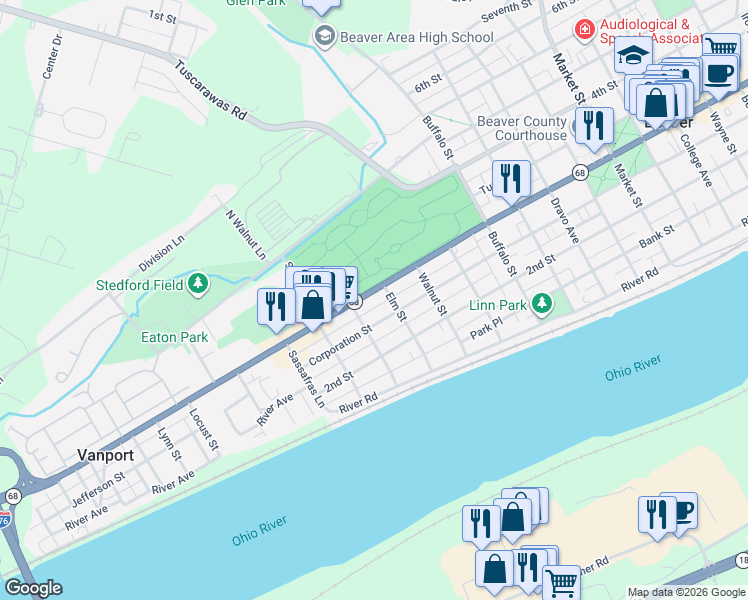 map of restaurants, bars, coffee shops, grocery stores, and more near 1540 Corporation Street in Beaver