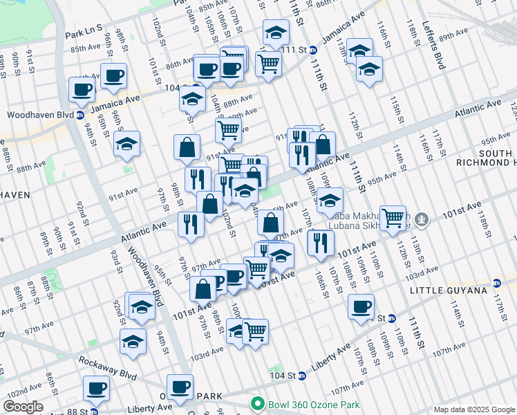 map of restaurants, bars, coffee shops, grocery stores, and more near 95-02 104th Street in Queens