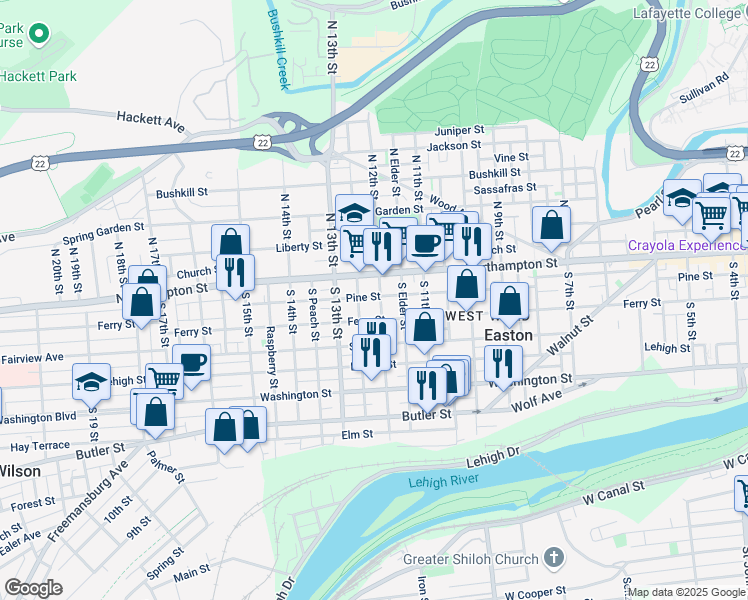 map of restaurants, bars, coffee shops, grocery stores, and more near 1203 Ferry Street in Easton