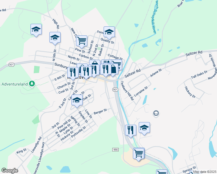 map of restaurants, bars, coffee shops, grocery stores, and more near 37 South Delaware Avenue in Minersville